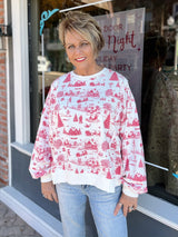 Ivory and Red Christmas Toile Printed Sweatshirt