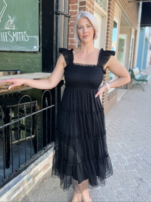 Black Polka Dot Print tulle Tiered Midi Dress