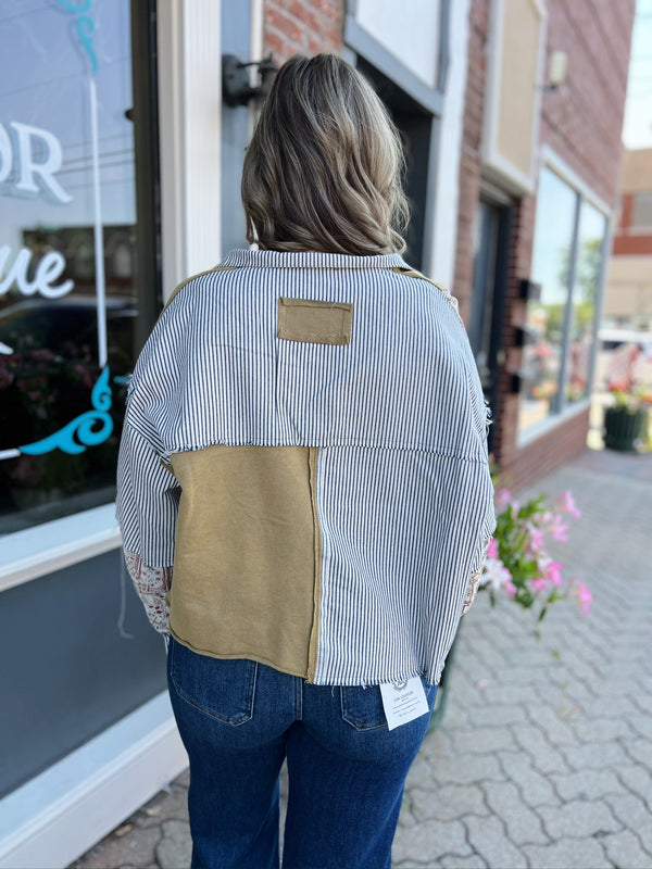 Olive Striped Floral Textured Collared Shirt