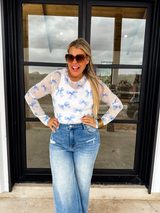 White and Blue Printed Bow Mesh Top