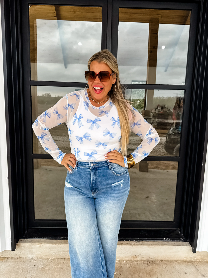 White and Blue Printed Bow Mesh Top