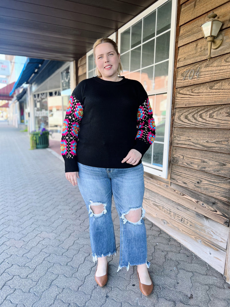 Curvy Black Crocheted Sleeve Sweater