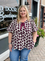 Curvy Floral Cream & Plum Flowy Top With Tie