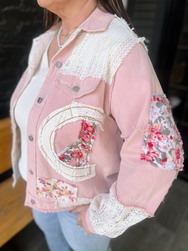 Pink Oversized Balloon Sleeve Patch Detail Denim Jacket
