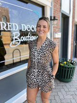 Leopard Cap Sleeve Front Zip with Pockets Romper