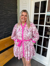 Curvy Pink Paisley Front Button Long Sleeve Dress