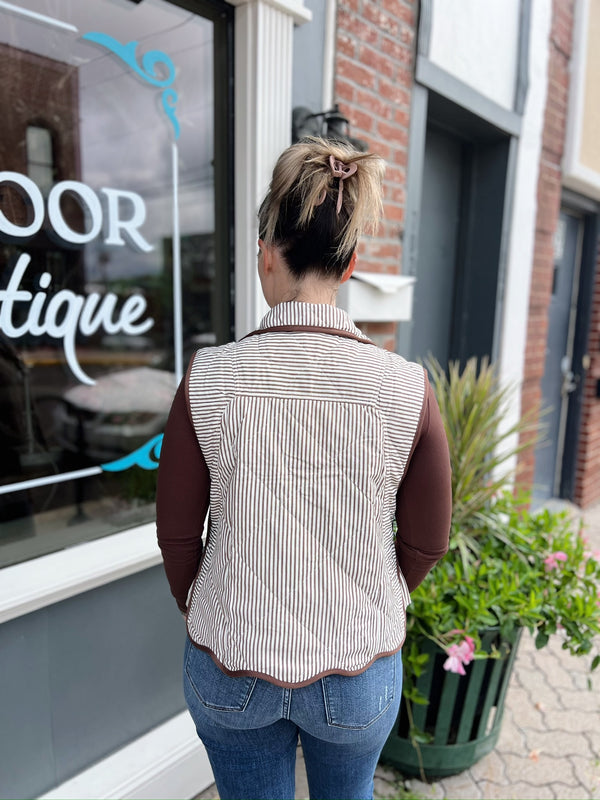 Cream & Brown Striped Vest with Scallop Hem