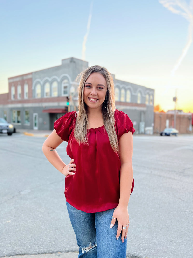 Red Satin Puff Sleeve Top