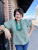 Green and Cream Stripe Contrast Trim Top