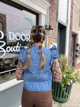 Denim Quilted Vest With Shoulder Ruffles