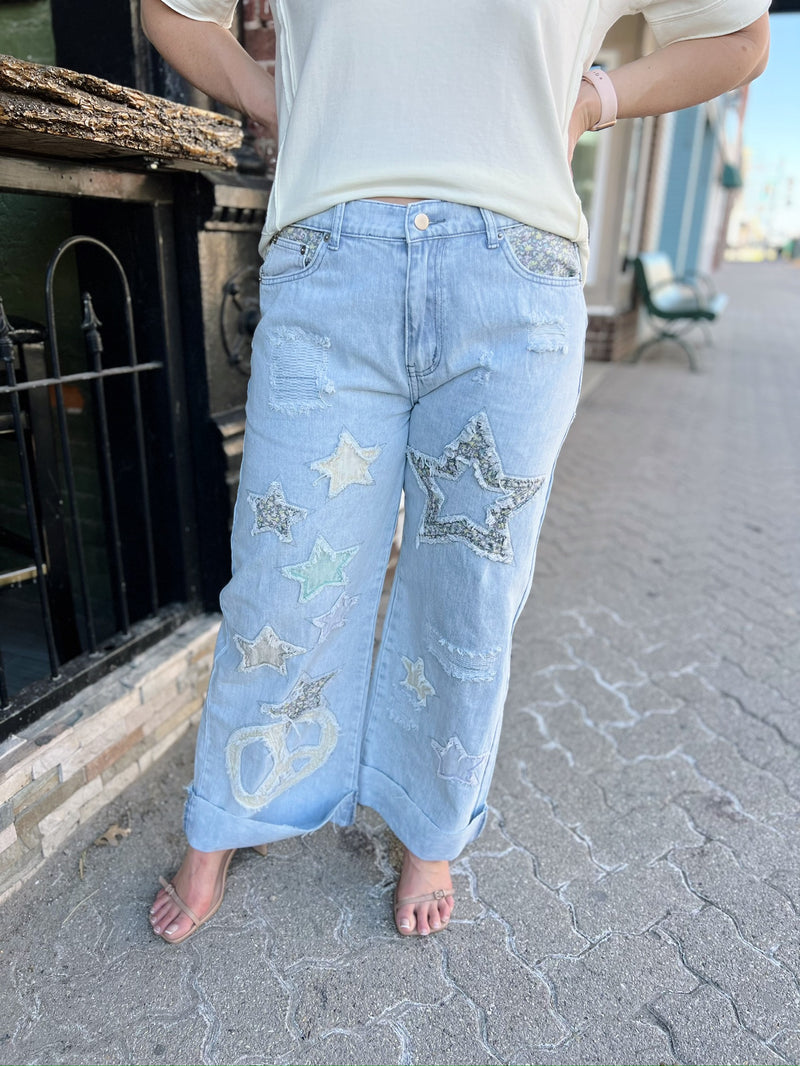 Washed Denim Pants with Distressing and Patches