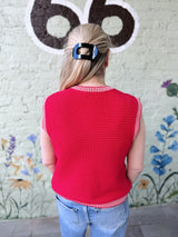 Red Ribbed Finish Button Down Sweater Vest