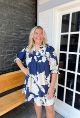 Curvy Navy Floral Tiered Babydoll Dress