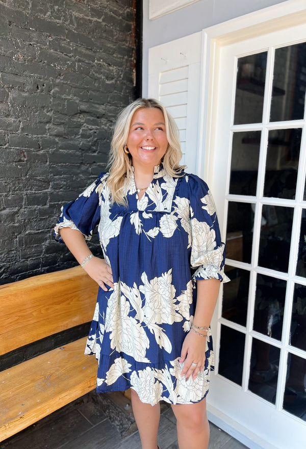 Curvy Navy Floral Tiered Babydoll Dress