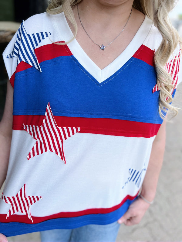 White Patriotic Star Patch Top