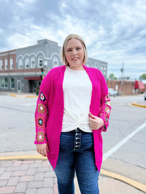 Curvy Knit Crocheted Sleeve Cardigan Pink