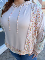 Curvy Oatmeal Floral Bubble Sleeve Hooded Top