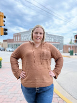Curvy Camel Hooded Top With Knit Pocket