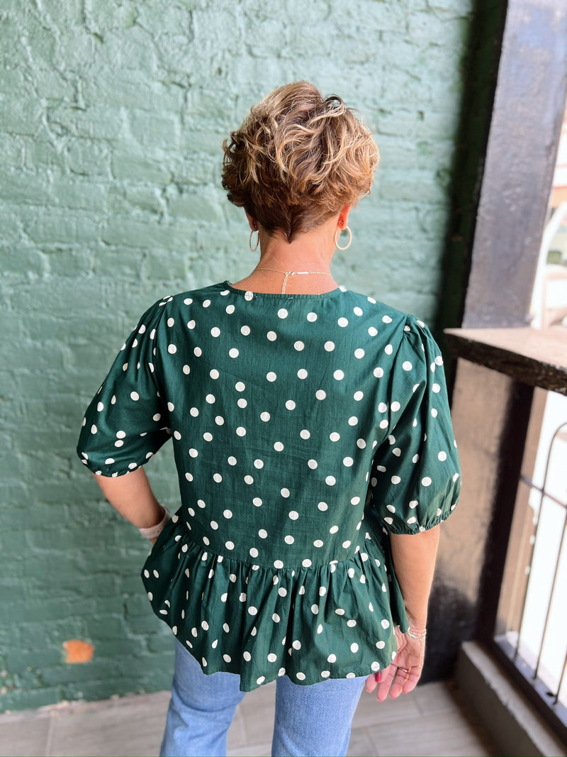 Green Polka Dot Puff Sleeve Top