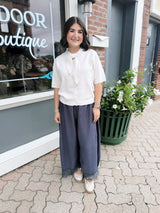 Oatmeal Short Sleeve Tie Neck Button Down Sweater