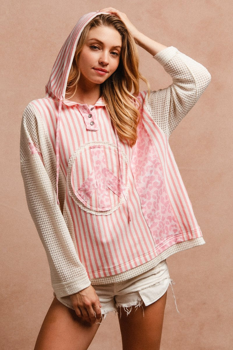Curvy Pink Leopard and Stripe Mixed Material Hooded Top