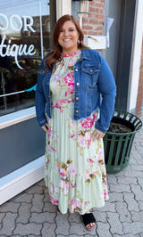 Curvy Mint Floral Flutter Sleeve Dress