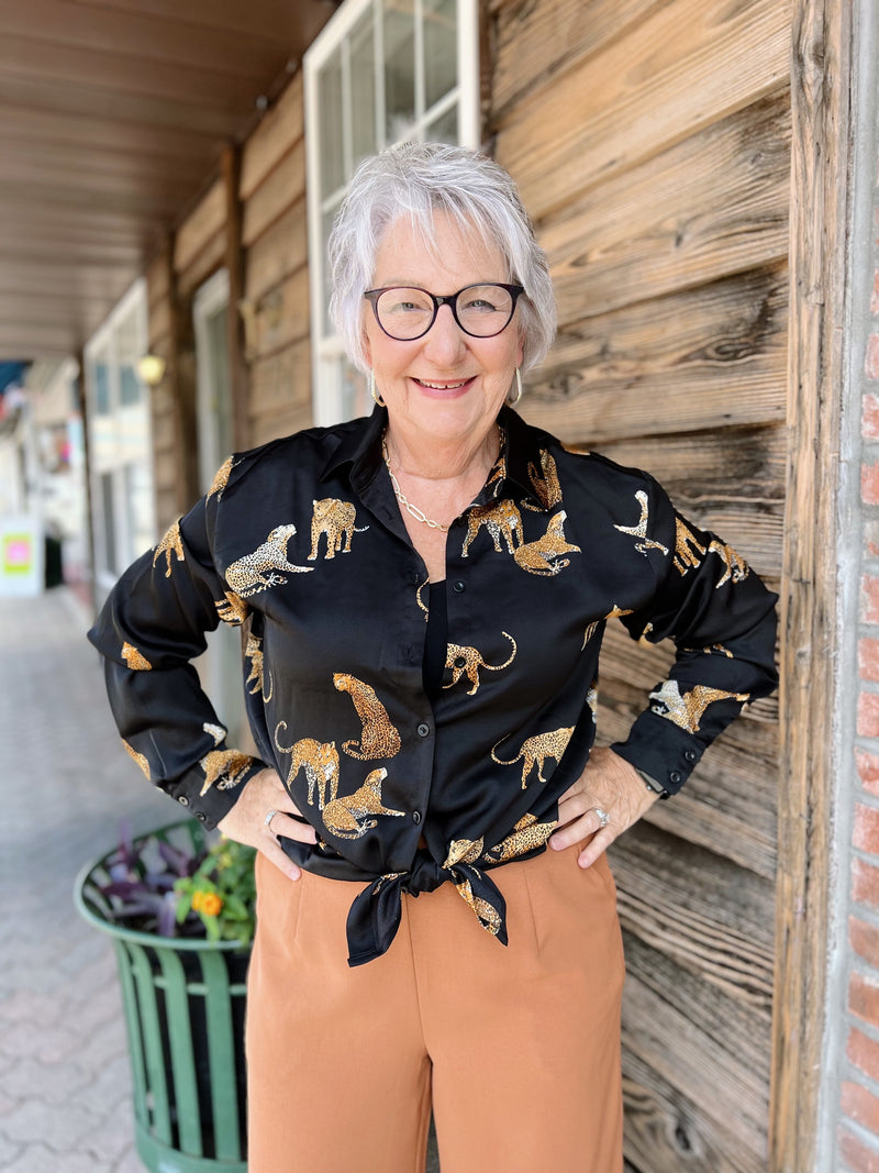 Black Satin Cheetah Button Up Top
