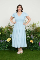 Curvy Tiered V-Neck Cap Sleeve Midi Dress