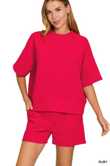 Ribbed Round Neck Waist Banded Tee And Short Set