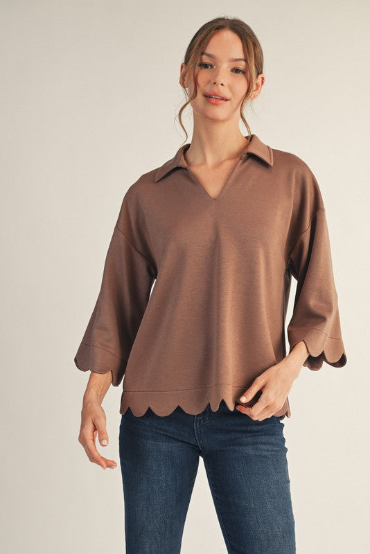 Scalloped Edge 3/4 Sleeve Top
