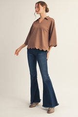 Scalloped Edge 3/4 Sleeve Top