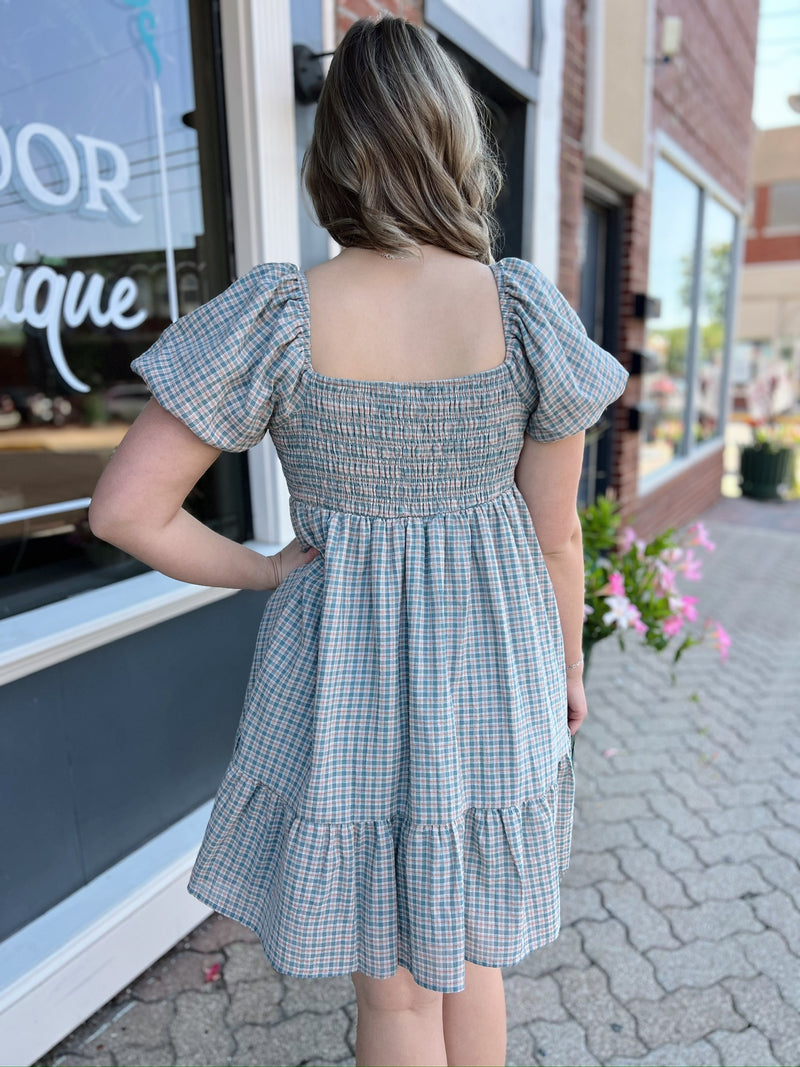 Dusty Teal Ribbon Front Smocked Plaid Midi Dress