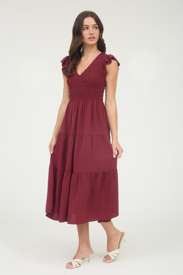 Tiered V-Neck Cap Sleeve Midi Dress