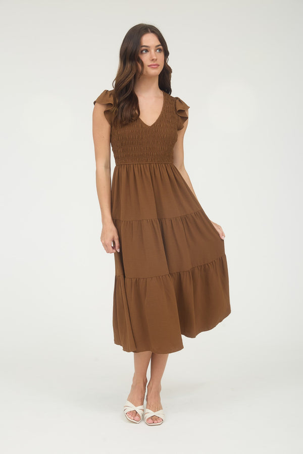 Tiered V-Neck Cap Sleeve Midi Dress