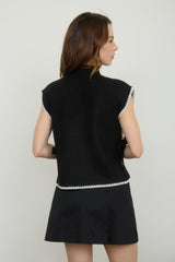 Black Contrast Stitch Side Tie Sweater Top