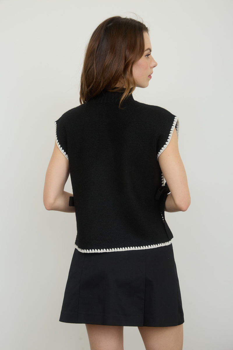 Black Contrast Stitch Side Tie Sweater Top