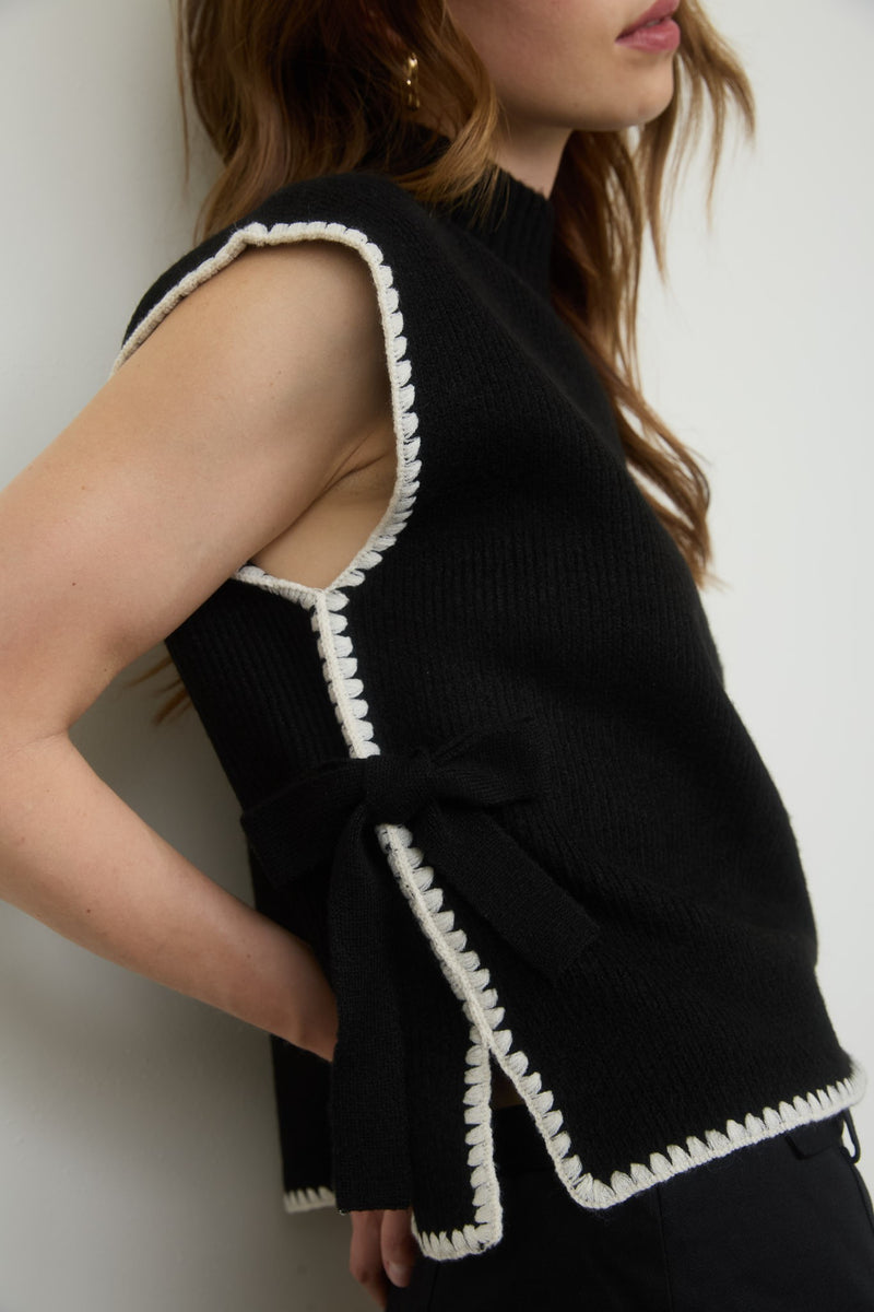 Black Contrast Stitch Side Tie Sweater Top