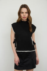 Black Contrast Stitch Side Tie Sweater Top