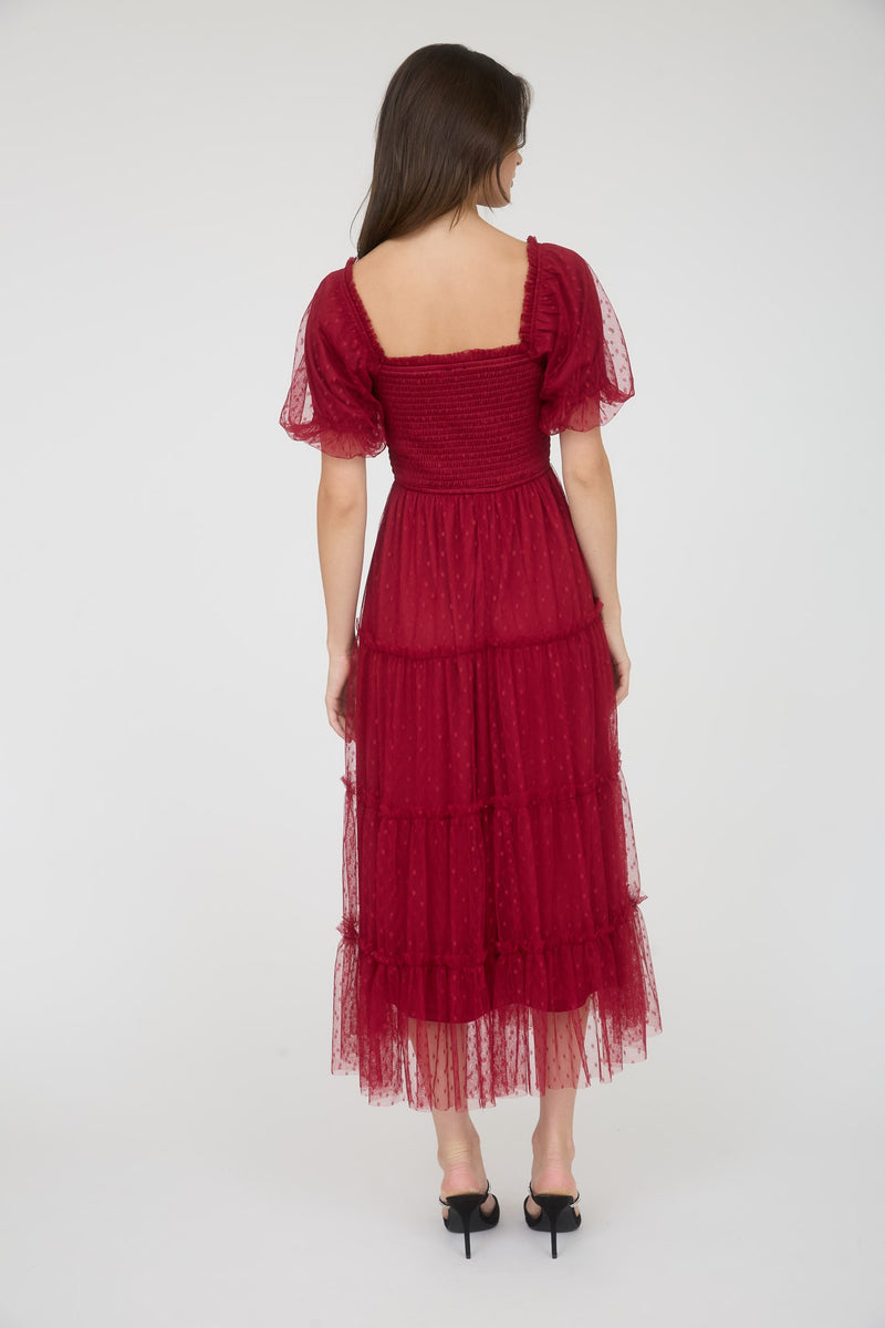 Tulle Layered Midi Dress With Short Sleeves