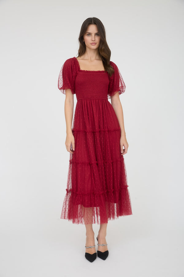 Tulle Layered Midi Dress With Short Sleeves