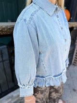 Washed Denim Button Down Ruffle Hem Top