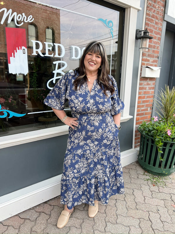 Curvy Dusty Blue Floral V-Neck Dress