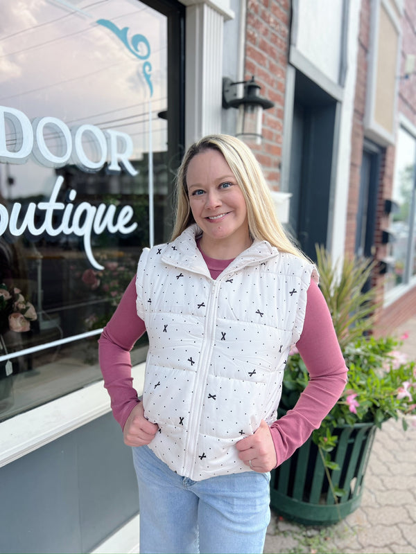 Ivory Polka Dot and Bow Pattern Zip Up Puffer Vest