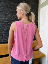 Pink Washed Button Back Sleeveless Top
