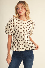 Cream Short Balloon Sleeve Polka Dot Peplum Top