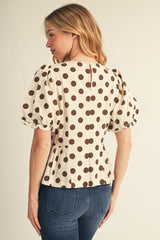 Cream Short Balloon Sleeve Polka Dot Peplum Top