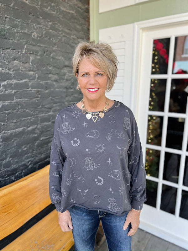 Western Print Graphic Crewneck