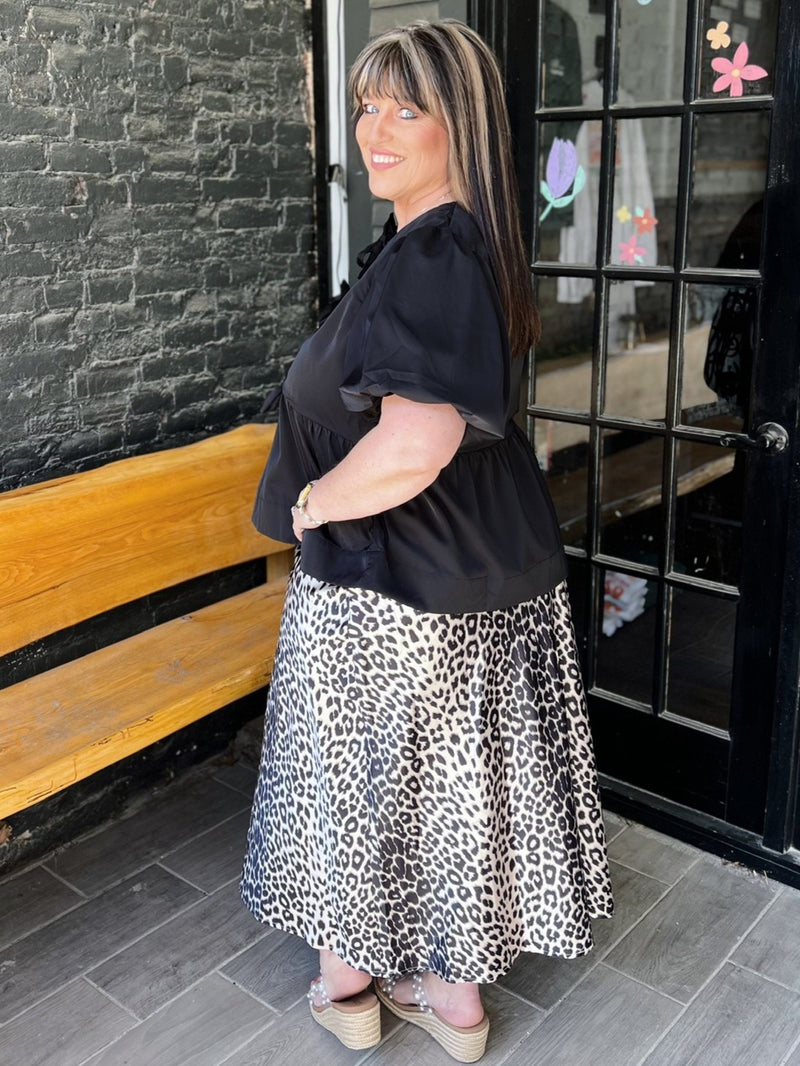 Curvy Leopard Print Silky Long Skirt with Zipper