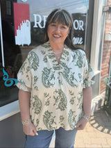 Curvy Green Paisley Print V Neck Top