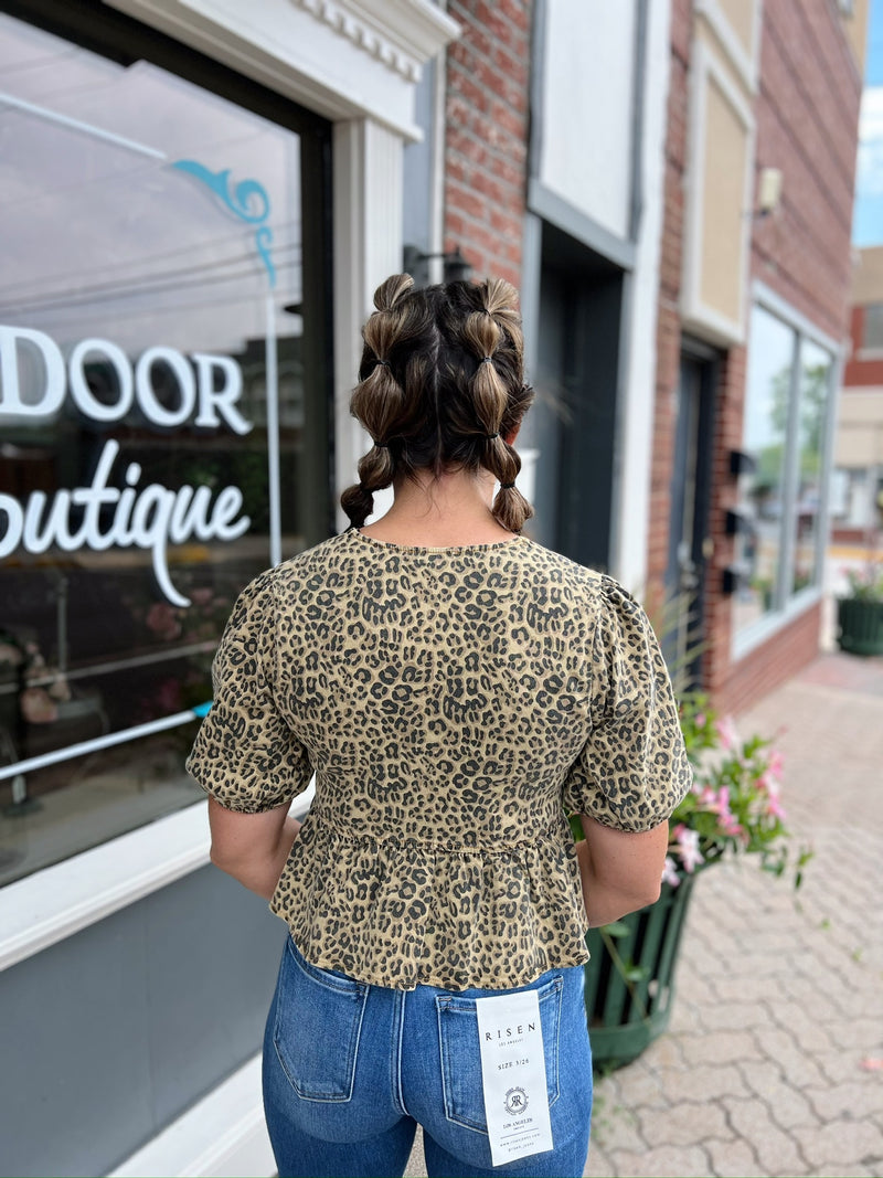 Leopard Printed Denim Shirt With Lace